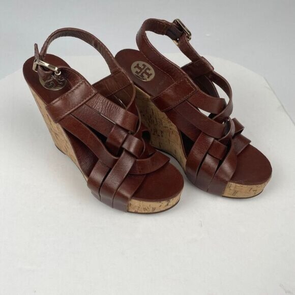 Tory Burch 7 M Ace High Wedge Platform Cork Slingback Heels Shoes Sandals Brown - Picture 2 of 16
